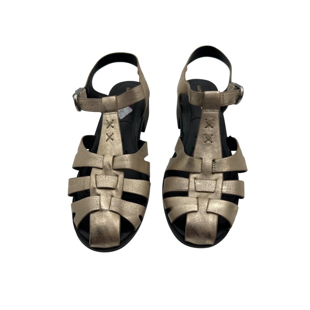 Lucky Brand  11 Womens Metallic Gold Strappy Sandals With Block Heels & Buckle